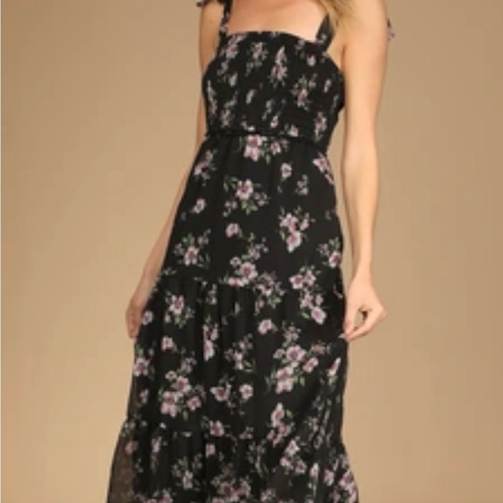 Floral Black Midi Tiered Dress